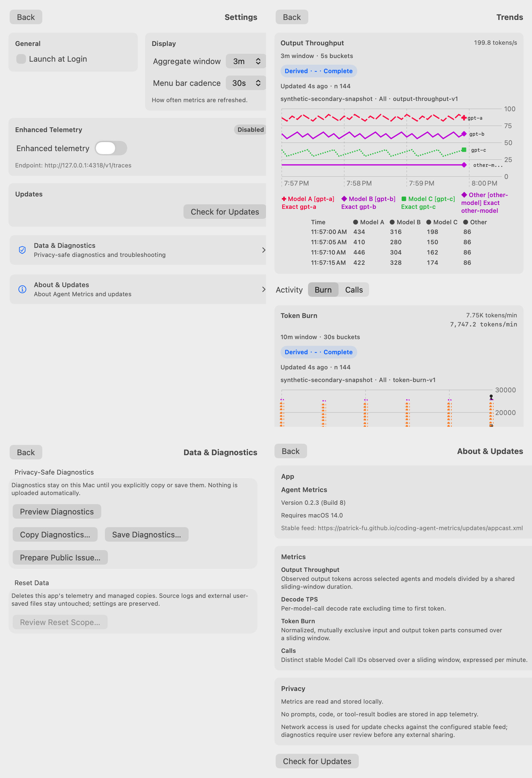 Agent Metrics Settings, Trends, Data and Diagnostics, and About and Updates surfaces